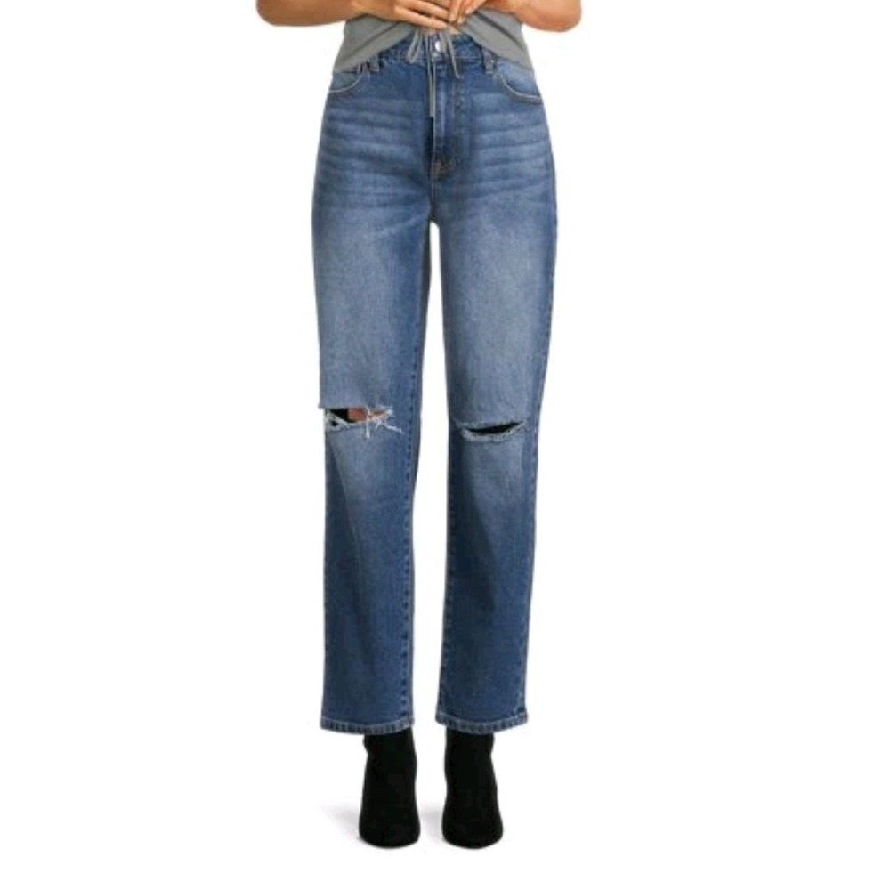 Celebrity Pink Womens Hi-Rise Curvy Dad Jean Distressed Knee Medium Wash 11/30